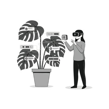 A person wearing a spatial computing visor scanning a potted monstera plant, digital nodes and health bars appearing on the leaves, cinematic backlighting, sophisticated monochrome aesthetic,
