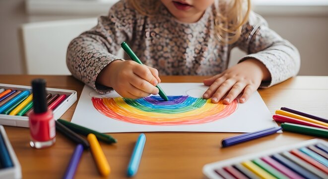 Child Drawing Colorful Rainbow Indoors, Generation Alpha Creativity, Lifestyle Activity, Close-Up View