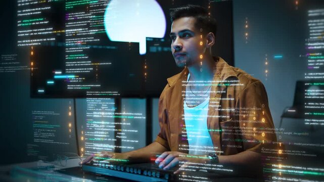 Focused software developer working with futuristic AI data interfaces and programming code in a high tech digital workspace representing cybersecurity machine learning and innovation