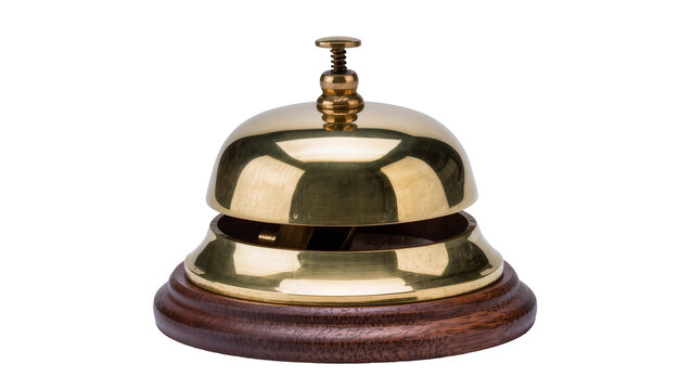 Polished brass reception bell with wooden base, isolated on transparent background