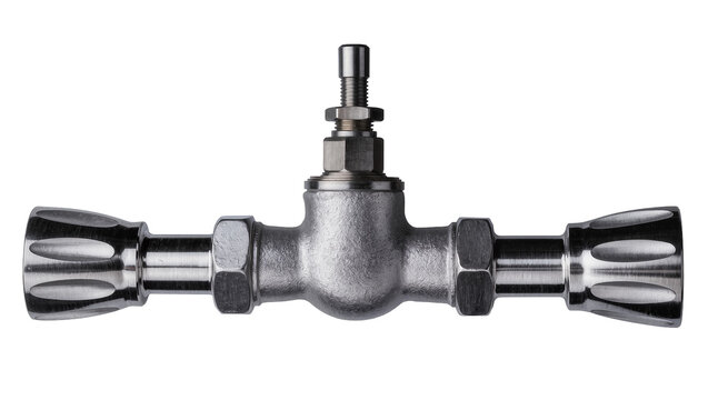 Metal valve with knurled handles, isolated on transparent background