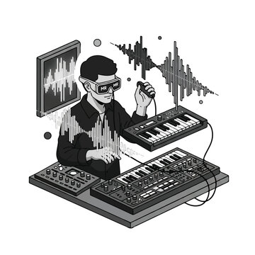Music producer in a studio manipulating 3D floating sound waves and virtual synthesizers using MR glasses, cinematic atmosphere, sharp black and white contrast, minimalist flat vector artwork,