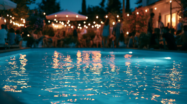 Soir&eacute;e autour de la piscine avec des lumi&egrave;res et des gens &agrave; la tomb&eacute;e de la nuit