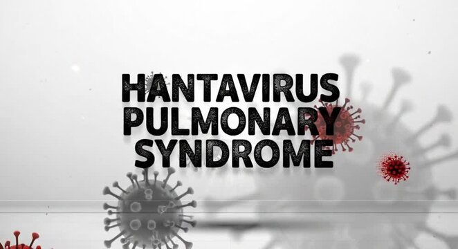 Hantavirus pulmonary syndrome text floating with red virus cells on a clean clinical background.