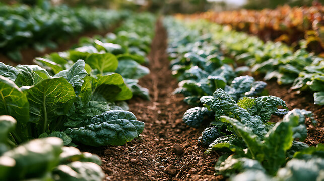 Des rang&eacute;es de l&eacute;gumes poussent dans un champ pendant une belle journ&eacute;e ensoleill&eacute;e