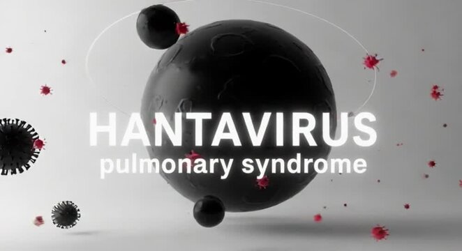 Microscopic view of black hantavirus pulmonary syndrome particles floating in a clinical grey studio.