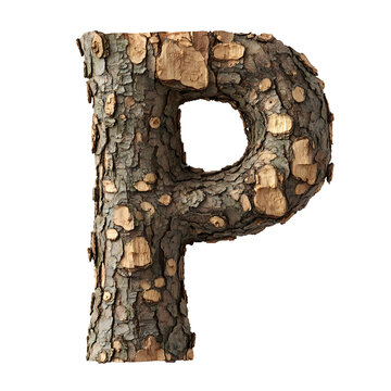 Top view of a 3D letter P made of sycamore tree bark isolated on a white transparent background