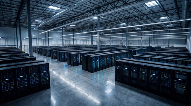 Wide angle data center warehouse with endless server racks and industrial ceiling lights