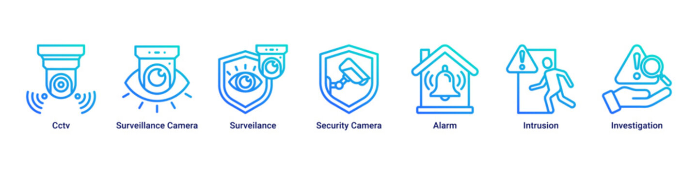 Surveillance Hub web banner icon vector illustration with icons of Cctv, Surveillance Camera, Surveilance, Security Camera, Alarm, Intrusion and Investigation