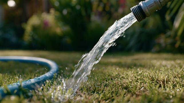 Eau qui coule d'un tuyau d'arrosage sur l'herbe verte dans le jardin pendant une journ&eacute;e ensoleill&eacute;e