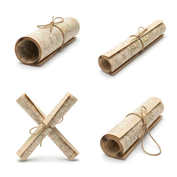 Set of vintage rolled paper maps tied with twine isolated on white