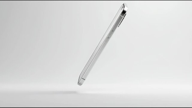Futuristic smartphone floating on white background, minimal product photography style, soft shadow, ultra clean composition, no text