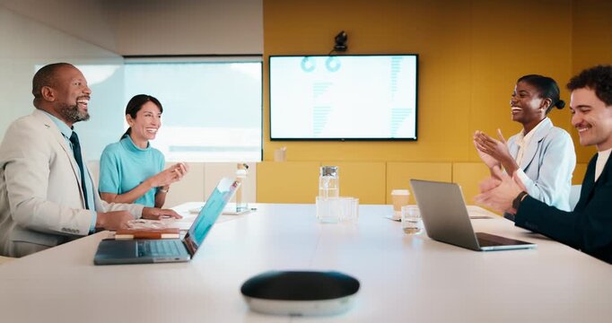 Happy, celebration or applause with business people in meeting for winning or team success. Excited, group or employees clapping with smile for achievement, promotion or good performance in workplace