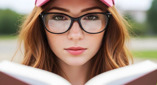 Close-up of Generation Alpha Teen Girl Reading Book Outdoors with Glasses Focused Lifestyle Portrait