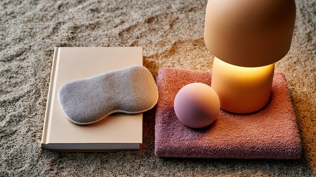 Evening routine essentials flat lay with sleep mask, blank book, towel, and ceramic lamp