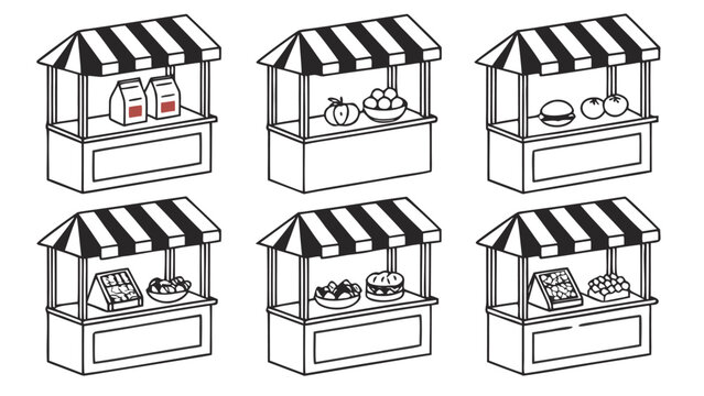 Vector illustration of retail market stalls and street vendor kiosks with commerce business illustration