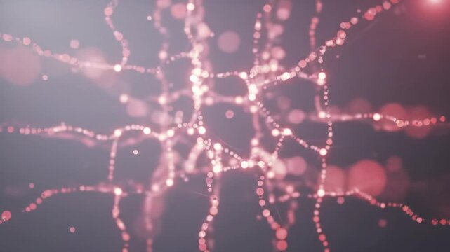 Expansive digital void with vibrant red and pink particles coalescing into an interconnected network, dolly zoom and rotation enhance 3D feel. Concept of data integration and collaborative growth