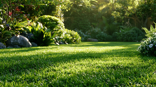Un jardin bien entretenu avec de l'herbe verte et des plantes en pleine croissance au petit matin
