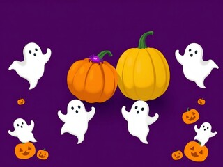 Fototapeta premium Ghosts and pumpkins celebrate halloween in a vibrant pixelated scene.