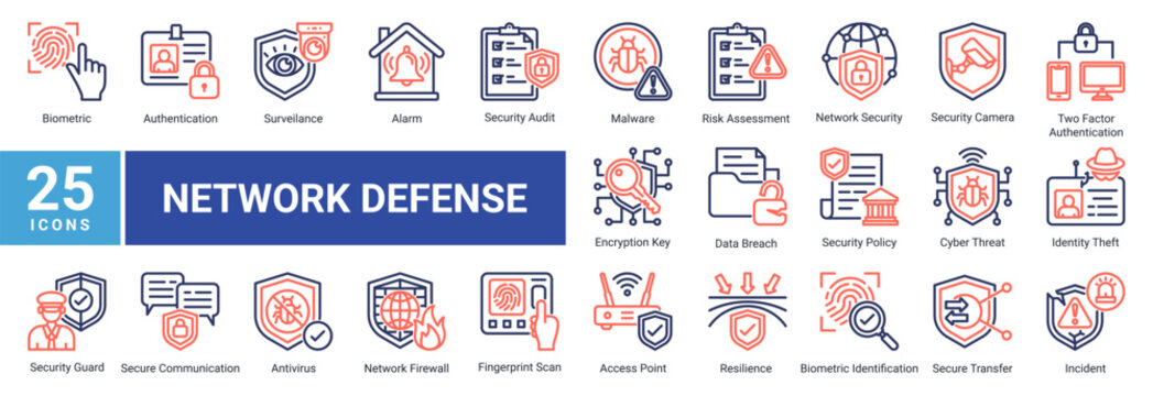 Network Defense icon set vector illustration with antivirus,network firewall,data breach,identity theft,and secure communication icons for cyber protection and monitoring design.