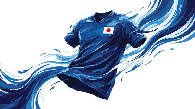 Blue Japanese national football jersey featuring the Japan flag on the chest, styled with expressive painterly blue energy waves and fluid brush strokes against a white background.