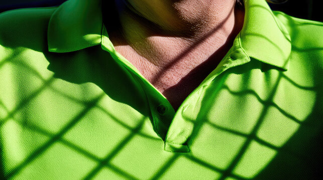 Curvy woman delivery driver neck skin texture neon green polo cargo van shadow security grid logistics backdrop text space