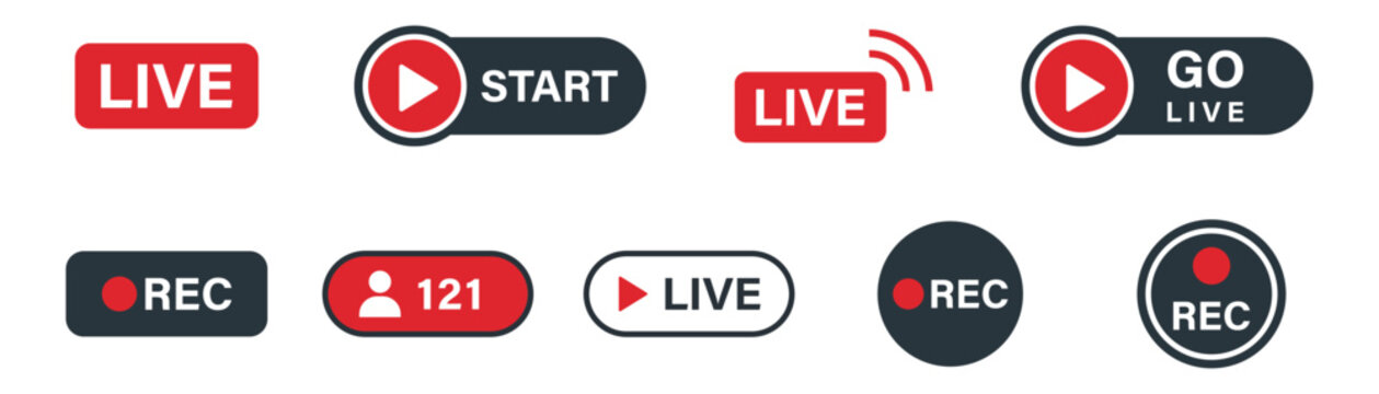 Live stream and video recording badge icon vector collection with red record button, live broadcast symbols and streaming media interface elements