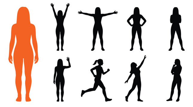 Collection of diverse female silhouettes showing various active poses in this professional digital design image