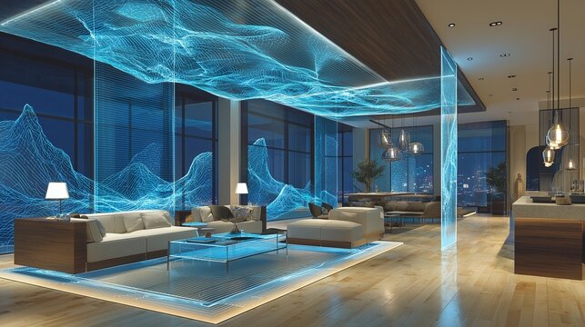 Futuristic workspace with transparent OLED screens and holographic interfaces, luxury technology interior design