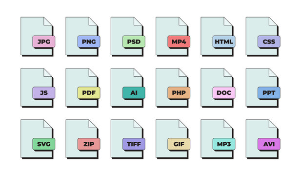 File format document neubrutalism UI overlay element set. Digital extensions and types. Colorful flat vector user interface component pack. Isolated graphic illustration in neo memphis style