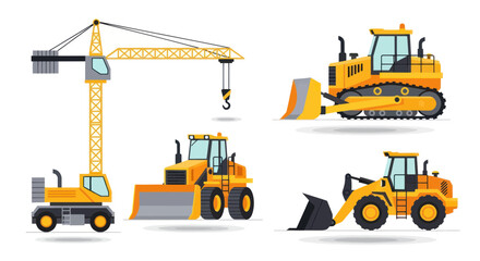 Construction Vehicles Set: Crane, Bulldozer, Loader, Excavator - Yellow Machinery Icons © jungkat