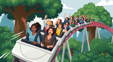 Excited people enjoying a thrilling roller coaster ride through a lush green forest, vector illustration © Purnomo