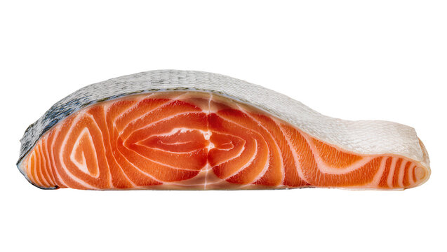 Raw salmon steak with skin and visible fat marbling, isolated on transparent background