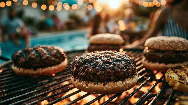 A close-up view of burgers grilling on a barbecue near a pool at sunset