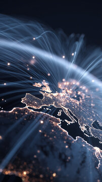 Digital network connections over Europe map glowing fiber optic data lines technology background
