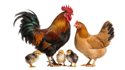 Rooster hen and chicks family standing together, isolated on transparent background © Giulia
