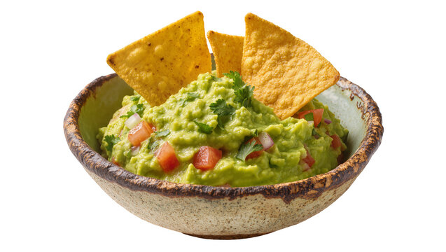 Fresh guacamole with diced tomatoes and cilantro served with tortilla chips, isolated on transparent background
