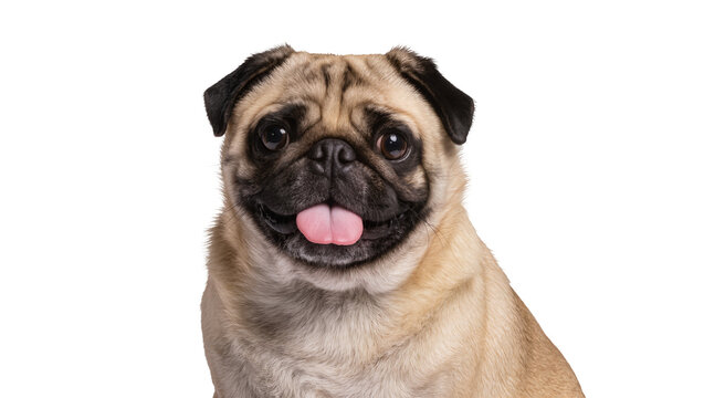 Happy fawn pug dog with tongue out, isolated on transparent background