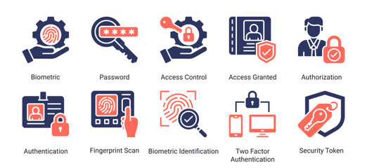 Fototapeta premium Access Security icon set vector illustration featuring biometric,password,authentication,and fingerprint scan icons for secure login and identity protection design.