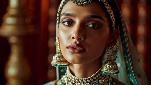 Beautiful Indian bride wearing traditional jewelry and dress for ceremony