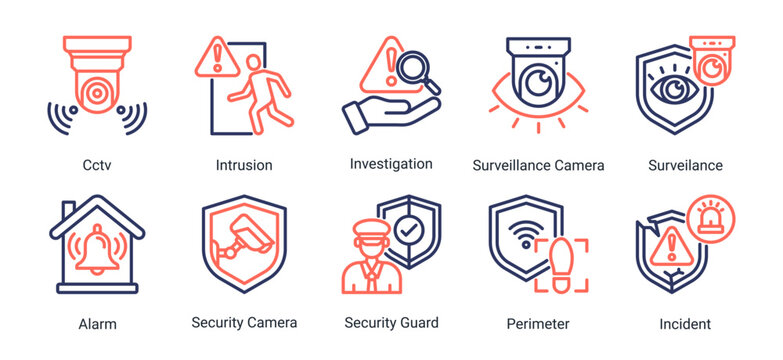 Surveillance System icon set vector illustration featuring cctv,alarm,security camera,and intrusion icons for monitoring and protection concepts.