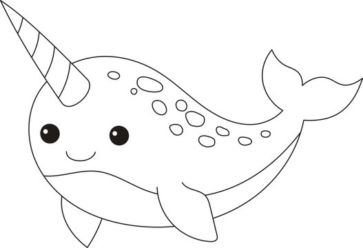Narwhal line illustration with a sharp long tusk shape on its forehead vector