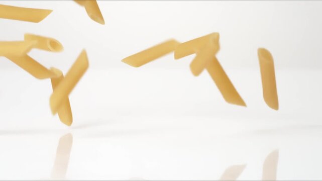 Dry uncooked Penne bouncing on a white tabletop in slow motion close up macro before settling.