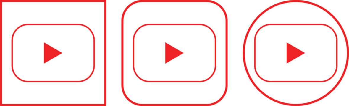 YouTube play button icon set collection group, video streaming media player and online channel symbol vector pack, flat and outline style red and black icons isolated background