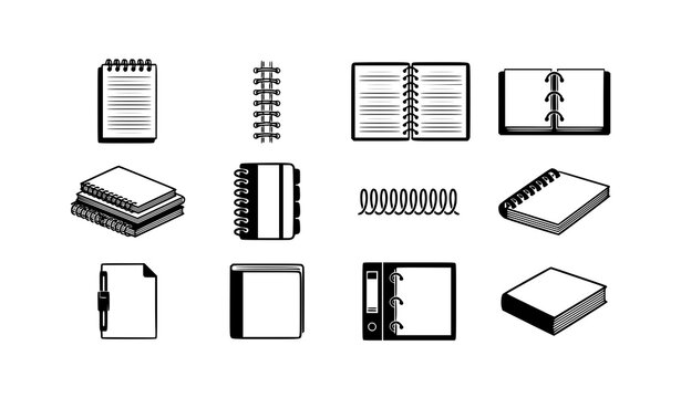 Minimal spiral binding icons with notebook coil and document spine vectors