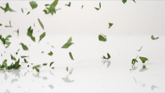 Fresh aromatic Chopped Parsley bouncing on a white tabletop in slow motion close up macro before settling.