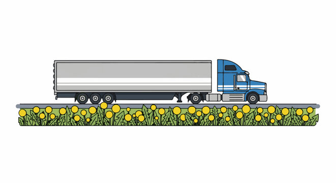 A blue semi-trailer truck drives along a road bordered by a field of dandelions