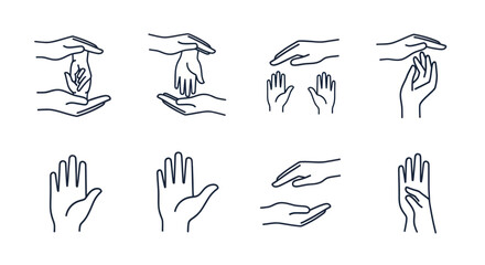 Fototapeta premium Set of Hand Gestures and Line Art Illustrations: Open Palms, Caring, Support, Connection