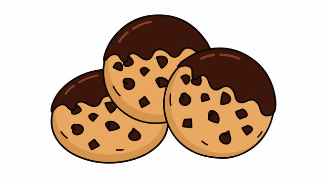 A cartoon illustration of three chocolate chip cookies with dark chocolate topping