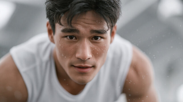 Asian athlete doing high intensity interval training in industrial gym.